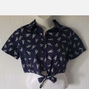 Collectif Navy Cropped Tie-Front Button Shirt with Lobster Print (Modcloth)